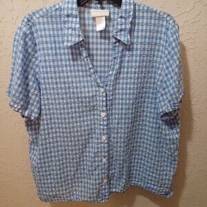 Alfred Dunner Womens Large Blue Gingham Dot Button Up Shirt Short Sleeve V Neck